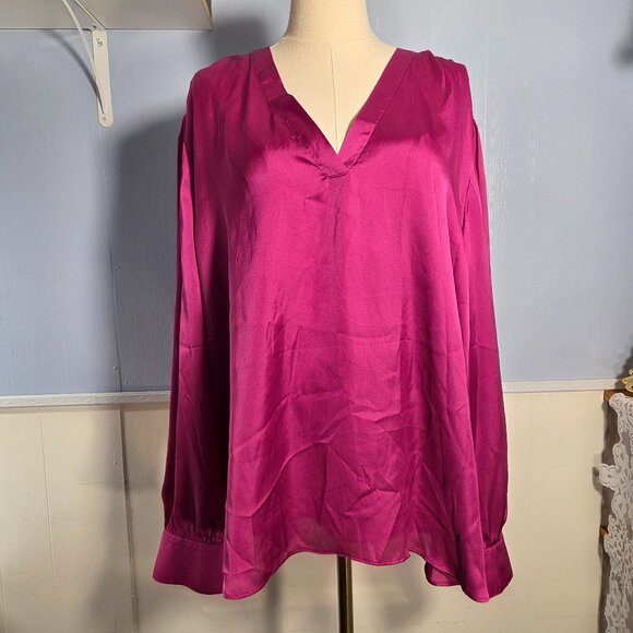 Express Tops - Express XXL Bright Silky Pink V Neck Longsleeve Dressy Holiday Office Blouse